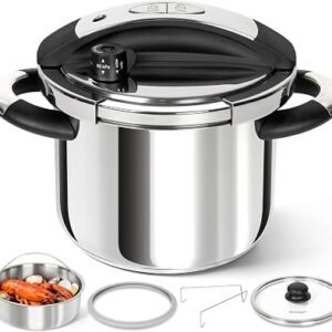 MICHELANGELO 6L Stainless Steel Pressure Cooker, 3-in-1 Induction Set | 304 stainless steel, one-hand locking lid, steamer basket and rack, glass lid, spare...
