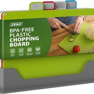 ZENO Plastic Chopping Board Set | Set of 4 Coloured Chopping Boards with Stand | Non Slip Cutting Boards | Thick Chopping Boards for Kitchen Cooking Equipment | Food Icons | Dishwasher Safe | BPA-Free