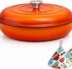 Crystals 4L Enamelled Cast Iron Shallow Casserole Dish with Lid – Hob to Oven Dutch Oven, Round Non-Stick Braising Pan for Roasting, Slow Cooking, Baking,...