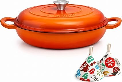 Crystals 4L Enamelled Cast Iron Shallow Casserole Dish with Lid – Hob to Oven Dutch Oven, Round Non-Stick Braising Pan for Roasting, Slow Cooking, Baking,...