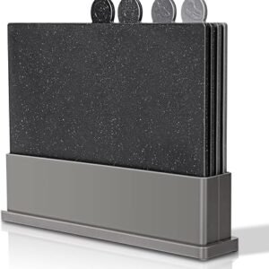 MASTERTOP 4pcs Chopping Board Set with Storage Stand, Index Tabs, Black | Colour Coded,Dishwasher Safe,Separate Cutting Boards for Meat Fish Veg Cooked...
