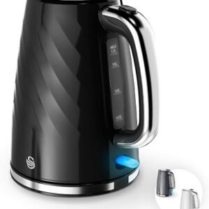 Swan Windsor Rapid Boil Kettle with Removable Limescale Filter, Boil Dry Protection and Hidden Cord Storage, 1.7L, 3KW, Black, SK14611BLK