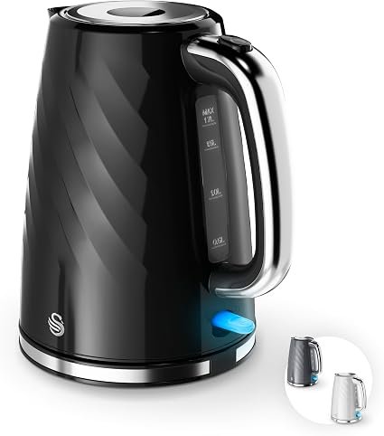 Swan Windsor Rapid Boil Kettle with Removable Limescale Filter, Boil Dry Protection and Hidden Cord Storage, 1.7L, 3KW, Black, SK14611BLK