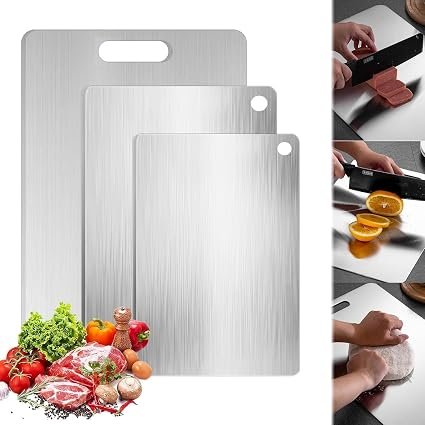 3-Piece Kitchen Titanium Cutting Boards with Non-Slip Feet Stainless Steel Chopping Board Set, Reversible Cutting Board for Home Kitchen Cooking Meat,...