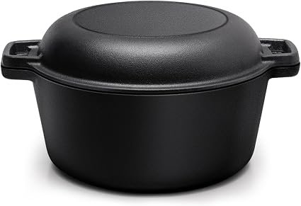 Warmiehomy 2 in 1 Cast Iron Dutch Oven,5L Pre-Seasoned Cast Iron Pot with Skillet Lid,Non-Stick Skillet and Pot Set with Side Handles for Hob and Oven,26cm