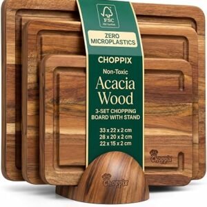 Choppix Wooden Chopping Boards Set - Acacia Wood Pack of 3 (33x22, 28x20, 22x15cm) Cutting Boards with Elegant Round Stand (Non-Slip Base) & Chopping...