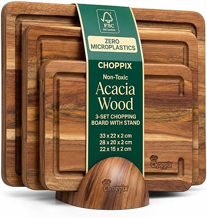 Choppix Wooden Chopping Boards Set - Acacia Wood Pack of 3 (33x22, 28x20, 22x15cm) Cutting Boards with Elegant Round Stand (Non-Slip Base) & Chopping...