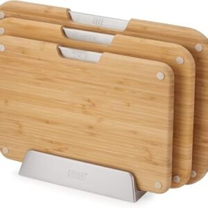 Joseph Joseph Nestโข Boards 3-Piece Bamboo Wood Chopping Board Set, Double-Sided, Non-Slip Feet, Stainless-Steel Tabs, Food Icons, Metal Stand