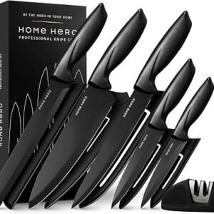 Home Hero 11-Piece Black Stainless Steel Kitchen Knife Set | Protective sheaths & 2-stage sharpener included; chef, bread, carving, utility & paring...