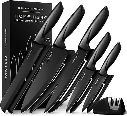 Home Hero 11-Piece Black Stainless Steel Kitchen Knife Set | Protective sheaths & 2-stage sharpener included; chef, bread, carving, utility & paring...