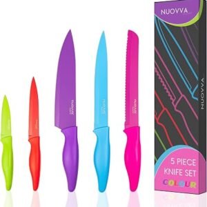 nuovva Professional Kitchen Knife Set ? 5pcs Colour Coded Kitchen Knives ? Stainless Steel Non Stick Blades ? Chefs, Filleting, Bread, Paring and Utility Knives