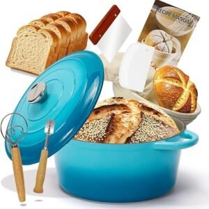 Enameled Cast Iron Dutch Oven with Proofing Basket, Non-Stick Ovenproof Casserole Pot, LIight Blue Dutch Oven for Braising, Stews, Roasting & Bread...