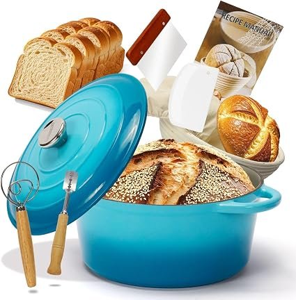 Enameled Cast Iron Dutch Oven with Proofing Basket, Non-Stick Ovenproof Casserole Pot, LIight Blue Dutch Oven for Braising, Stews, Roasting & Bread...