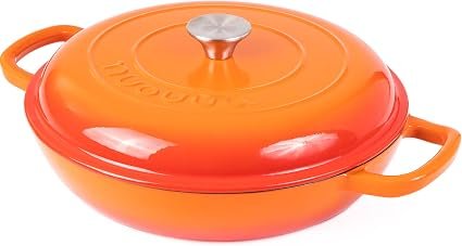 Shallow Cast Iron Casserole with Lid – Non Stick Dutch Oven Pot, Oven Safe up to 500° F – Sturdy Ovenproof Stockpot Cookware – Enamelled Cooking Pot –...