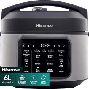Hisense HMC6SBUK Electric Multi-Cooker 6L, 10 Programmes, Pressure Cooker, Slow Cooker, Rice Cooker, Food Steamer, Stainless Steel