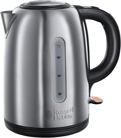 Russell Hobbs Brushed Stainless Steel & Black Electric 1.7L Cordless Kettle (Fast Boil 3KW, Removable Washable Anti-Scale Filter, Push to Open lid,...