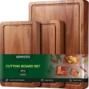 Wooden Chopping Board Set of 3, Solid Acacia Wood Chopping Board | (43x30 / 30x25 / 30x18cm) 2cm in Thick Cutting Boards for Kitchen, Reversible Cutting...