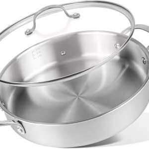 Stainless Steel Cooking Pot – Induction Hob Stockpot with Glass Lid – Oven Safe Non Stick Shallow Casserole – 28cm