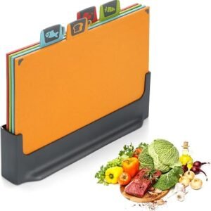 BEWOS 4 Colour Coded Chopping Boards Set, Wheat Straw Cutting Board, Reversible Chopping Board with Stand, Non-Slip Feet Chopping Boards for Kitchens, Juice...