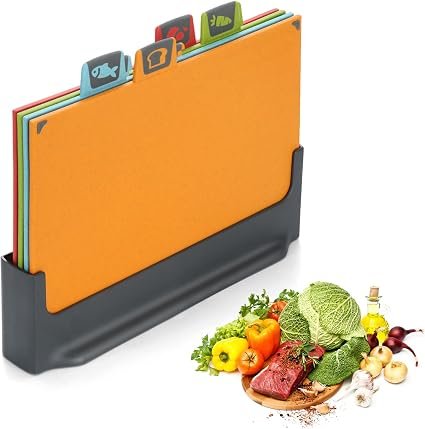 BEWOS 4 Colour Coded Chopping Boards Set, Wheat Straw Cutting Board, Reversible Chopping Board with Stand, Non-Slip Feet Chopping Boards for Kitchens, Juice...