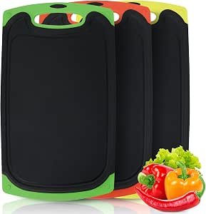 Chopping Board Set, 3 Pcs BPA Free Plastic Cutting Boards for Kitchens Black with Non Slip Feet & Juice Groove & Hanging Hole Storage, Large Thick...