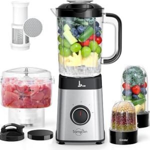 Sangcon 5 in 1 Blender & Food Processor Combo for Kitchen | Jug Blender for Shakes and Smoothies, 3 Speed Control with Pulse, 500W, For Ice, Fruit, Meat...