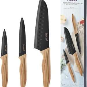 hecef 3-Piece Kitchen Knife Set – Chef, Santoku & Paring Knives | Sharp Stainless Steel Blades with Black Non-stick Coating for Chopping, Slicing &...