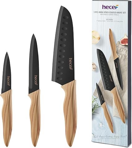 hecef 3-Piece Kitchen Knife Set – Chef, Santoku & Paring Knives | Sharp Stainless Steel Blades with Black Non-stick Coating for Chopping, Slicing &...