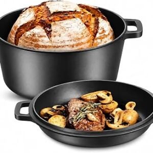 MEJO 6L Cast Iron Dutch Oven with 2-in-1 Skillet Lid – 4.8L Casserole Pot + 1.2L Frying Pan, Pre-Seasoned Heavy Duty Cooking Pot for Bread Baking, Roasting...