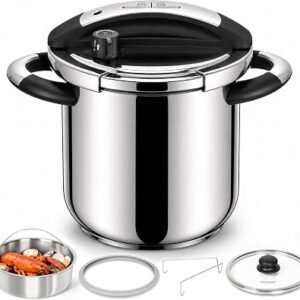 MICHELANGELO 8L Stovetop Pressure Cooker with Steamer and Glass Lid | Taller large-capacity pot, two pressure levels, one-hand opening, six control features...
