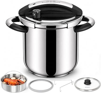 MICHELANGELO 8L Stovetop Pressure Cooker with Steamer and Glass Lid | Taller large-capacity pot, two pressure levels, one-hand opening, six control features...