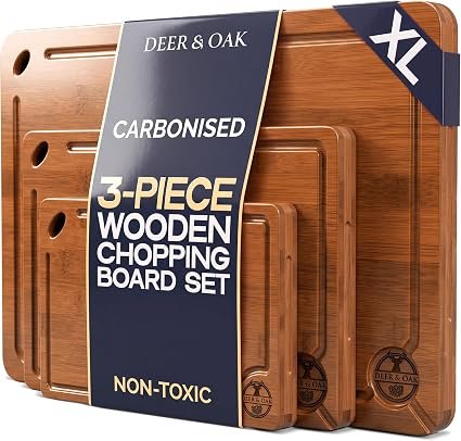 Deer & Oak 3-Piece Carbonised Bamboo Chopping Board Set, Pre-Oiled