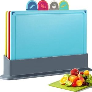Pleafind Colour Coded Chopping Boards, 4 Pcs Plastic Chopping Board Set | with Storage Stand, Juice Grooves & Non-Slip Cutting Board that Prevents Food...