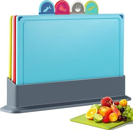 Pleafind Colour Coded Chopping Boards, 4 Pcs Plastic Chopping Board Set | with Storage Stand, Juice Grooves & Non-Slip Cutting Board that Prevents Food...