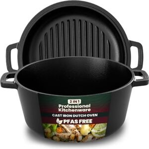 KICHLY 2-in-1 Cast Iron Dutch Oven, 4.73L, Pre-Seasoned, Black