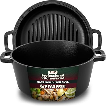 KICHLY 2-in-1 Cast Iron Dutch Oven, 4.73L, Pre-Seasoned, Black
