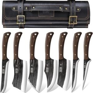 HOSHANHO Butcher Knife Set, Sharp Kitchen Knife Set & Roll Bag Gift for Men | Hand Forged 8PCS Butcher Chef Knife Set with Meat Cleaver Knife & Bone...
