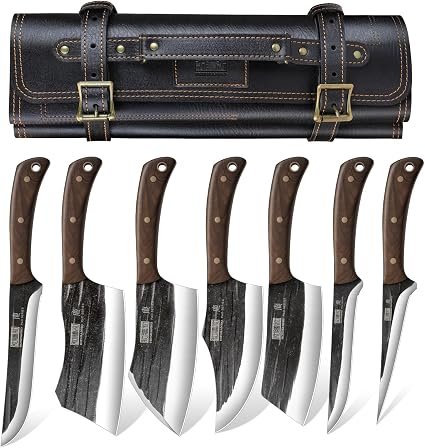 HOSHANHO Butcher Knife Set, Sharp Kitchen Knife Set & Roll Bag Gift for Men | Hand Forged 8PCS Butcher Chef Knife Set with Meat Cleaver Knife & Bone...