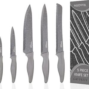 nuovva Professional Kitchen Knife Set ? 5Pcs Stainless Steel Grey Granite Knife Set - Sharp & Non Stick Blades Lightweight ? Chef, Bread, Utility, Filleting & Paring Tools