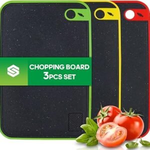 BOCHION Chopping Board Set, 3 Thick Plastic Cutting Boards with Non-Slip Feet and Garlic Press Grove, Large Chopping Boards for Kitchen BPA Free, Ideal for...