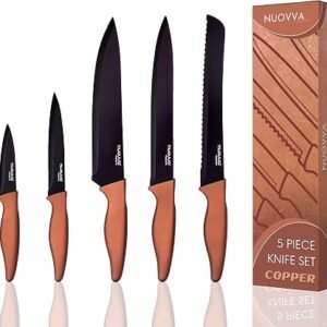 nuovva Sharp Kitchen Knife Set ? 5pcs Copper Kitchen Knives ? Professional Stainless Steel Granite Filleting Knives - Black Non Stick Blades