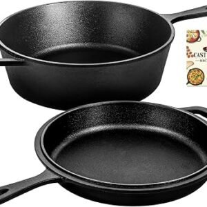 Overmont 26CM/3L Pre-Seasoned Cast Iron Pan - Dutch Oven Pot with Lid - Cast Iron Skillet, Combo Cooker with Cookbook Recipe, Works on Baking,Stovetop &...