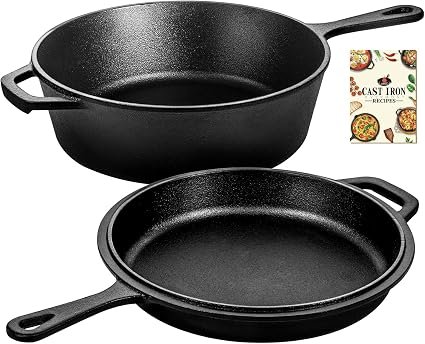 Overmont 26CM/3L Pre-Seasoned Cast Iron Pan - Dutch Oven Pot with Lid - Cast Iron Skillet, Combo Cooker with Cookbook Recipe, Works on Baking,Stovetop &...