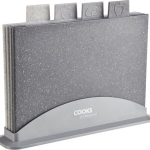 Cooks Professional Set of Four Index Chopping Boards with Stand & Tabs for Fruit & Veg, Raw Meat, Fish & Cooked Food | Granite Effect Plastic...