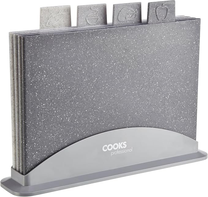 Cooks Professional Set of Four Index Chopping Boards with Stand & Tabs for Fruit & Veg, Raw Meat, Fish & Cooked Food | Granite Effect Plastic...