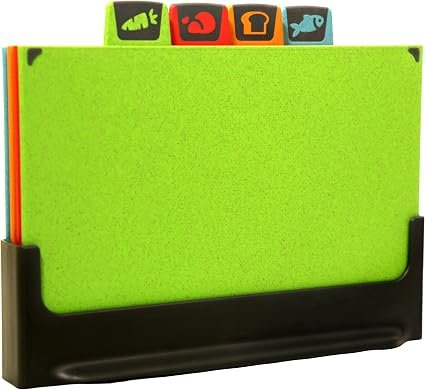 Chopping Board Set for Kitchens, 4 Colour Coded Cutting Boards with Stand – Non-Slip Reversible BPA-Free Wheat Straw Plastic, Dishwasher Safe (Green | Red |...