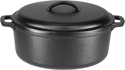 Amazon Basics Round Pre-Seasoned Cast Iron Dutch Oven Pot with Lid and Dual Handles, Heavy-Duty, Oven safe up to 260 C, Large, 6.62 L, Black
