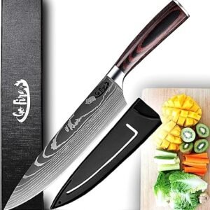 GoFire 8 Inch Japanese Premium Chef Knife Ultra Sharp High Carbon Stainless Steel Kitchen Knife Slicing Dicing Carving Knife Ergonomic Pakkawood Handle for Home and Culinary Use with Gift Box