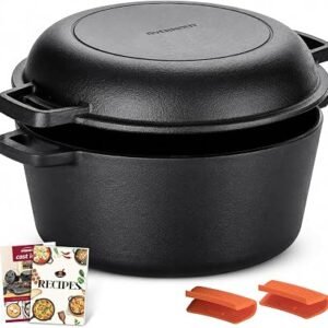 Overmont 2 in 1 Cast Iron Dutch Oven, 5 QT | Dutch Oven Pot Dual Function Skillet Lid Pre Seasoned with Handle Covers for Camping Home Cooking BBQ Baking