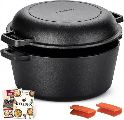 Overmont 2 in 1 Cast Iron Dutch Oven, 5 QT | Dutch Oven Pot Dual Function Skillet Lid Pre Seasoned with Handle Covers for Camping Home Cooking BBQ Baking